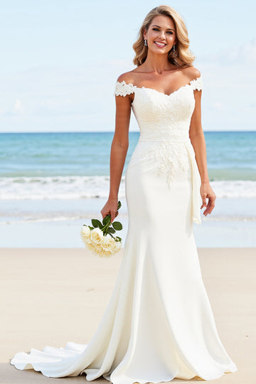 White Satin Off the Shoulder Sweep Train Mermaid Wedding Dress with Appliques